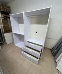 A white open wardrobe unit made of MDF, featuring shelves, drawers, and a clothes rail. - Image 9