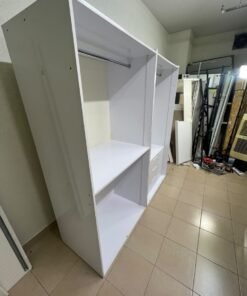 A white open wardrobe unit made of MDF, featuring shelves, drawers, and a clothes rail. - Image 7