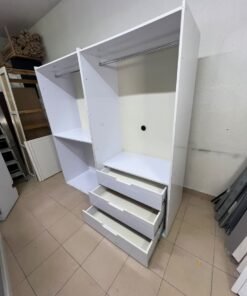 A white open wardrobe unit made of MDF, featuring shelves, drawers, and a clothes rail. - Image 6