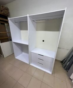 A white open wardrobe unit made of MDF, featuring shelves, drawers, and a clothes rail. - Image 5