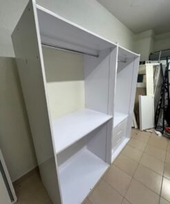 A white open wardrobe unit made of MDF, featuring shelves, drawers, and a clothes rail. - Image 4