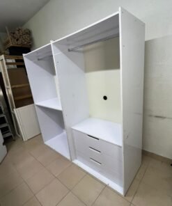 A white open wardrobe unit made of MDF, featuring shelves, drawers, and a clothes rail. - Image 3