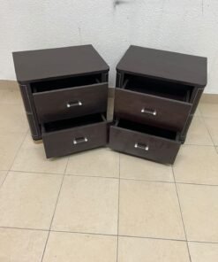 Two dark brown wooden bedside tables (nightstands) featuring two drawers and curved corners, accented with contrasting white stitching and silver-colored metal drawer handles. - Image 2