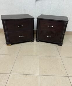 Two dark brown wooden bedside tables (nightstands) featuring two drawers and curved corners, accented with contrasting white stitching and silver-colored metal drawer handles. - Image 4