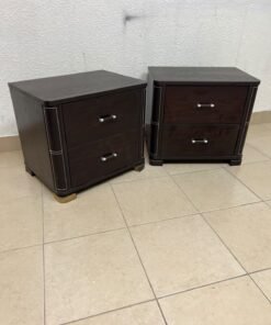 Two dark brown wooden bedside tables (nightstands) featuring two drawers and curved corners, accented with contrasting white stitching and silver-colored metal drawer handles. - Image 6