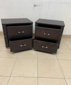 Two dark brown wooden bedside tables (nightstands) featuring two drawers and curved corners, accented with contrasting white stitching and silver-colored metal drawer handles. - Image 7