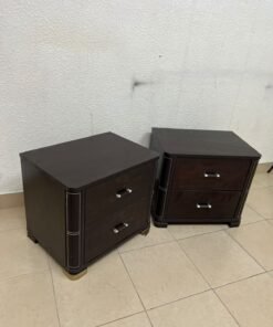 Two dark brown wooden bedside tables (nightstands) featuring two drawers and curved corners, accented with contrasting white stitching and silver-colored metal drawer handles. - Image 8