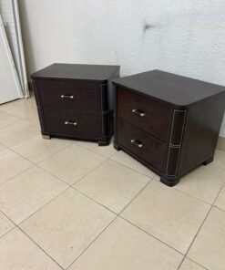 Two dark brown wooden bedside tables (nightstands) featuring two drawers and curved corners, accented with contrasting white stitching and silver-colored metal drawer handles. - Image 10