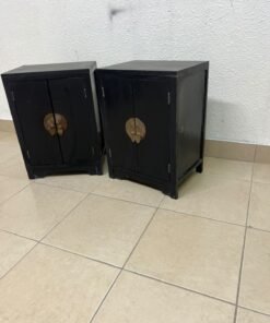 Two bedside cabinets featuring an Asian design or Oriental-inspired style, crafted from wood with a black finish and fitted with traditional round brass handles. - Image 5