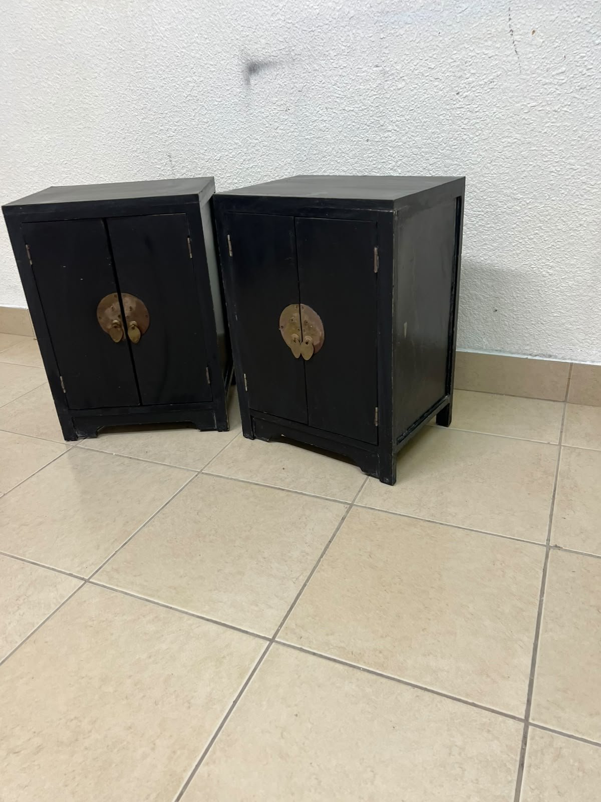 Two bedside cabinets featuring an Asian design or Oriental-inspired style, crafted from wood with a black finish and fitted with traditional round brass handles. - Image 5