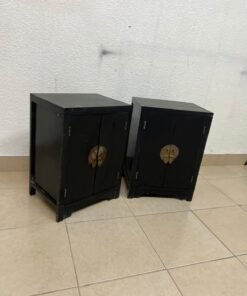 Two bedside cabinets featuring an Asian design or Oriental-inspired style, crafted from wood with a black finish and fitted with traditional round brass handles. - Image 6