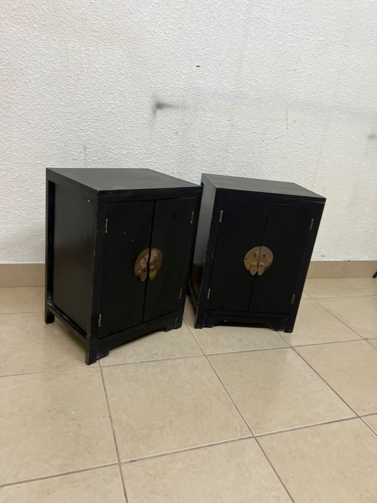 Two bedside cabinets featuring an Asian design or Oriental-inspired style, crafted from wood with a black finish and fitted with traditional round brass handles. - Image 6