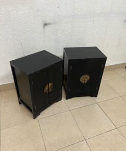 Two bedside cabinets featuring an Asian design or Oriental-inspired style, crafted from wood with a black finish and fitted with traditional round brass handles. - Image 8