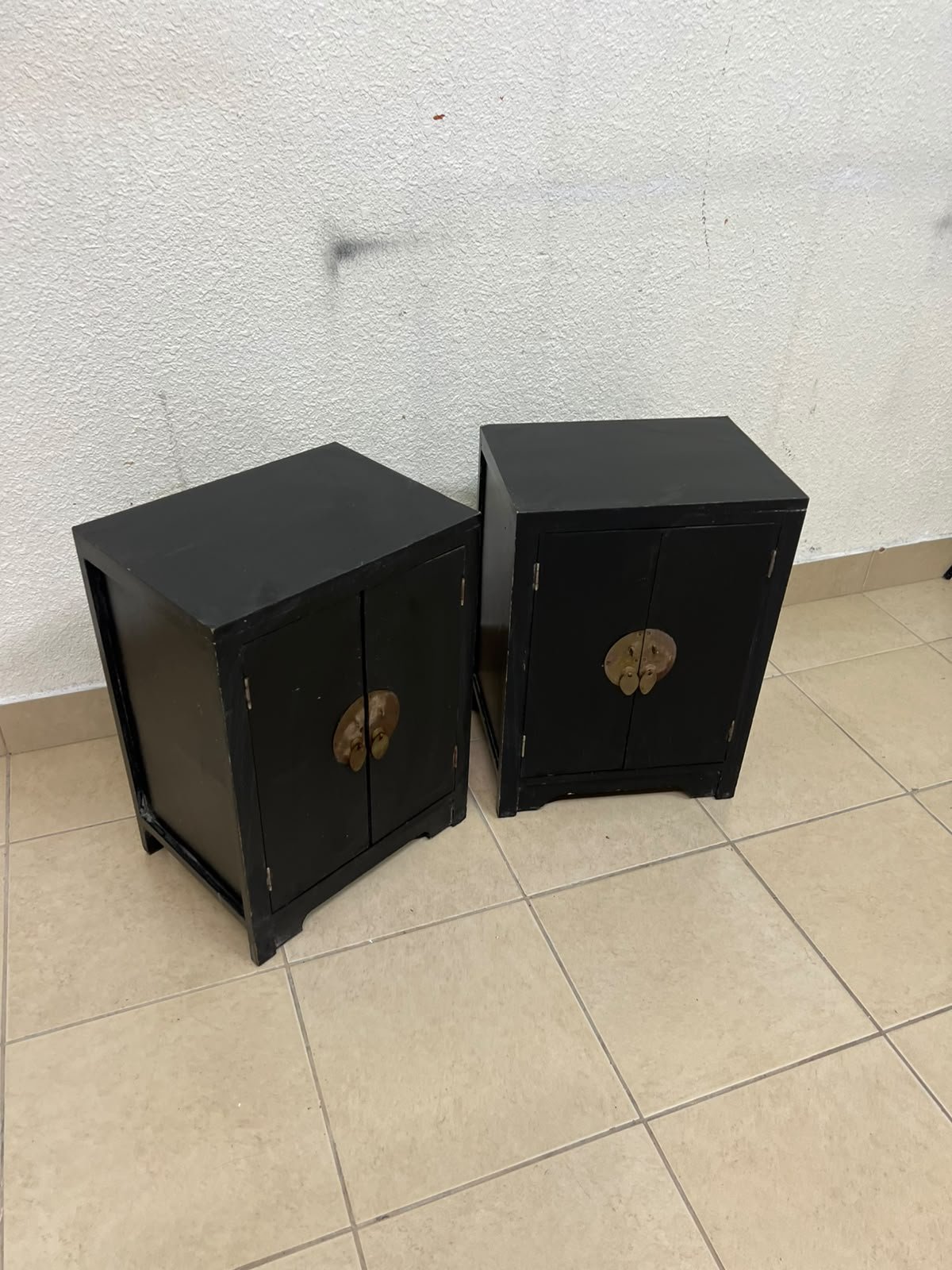 Two bedside cabinets featuring an Asian design or Oriental-inspired style, crafted from wood with a black finish and fitted with traditional round brass handles. - Image 8