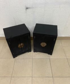 Two bedside cabinets featuring an Asian design or Oriental-inspired style, crafted from wood with a black finish and fitted with traditional round brass handles. - Image 11