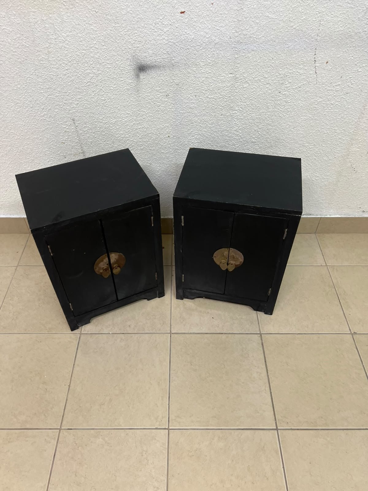 Two bedside cabinets featuring an Asian design or Oriental-inspired style, crafted from wood with a black finish and fitted with traditional round brass handles. - Image 11