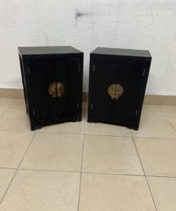 Two bedside cabinets featuring an Asian design or Oriental-inspired style, crafted from wood with a black finish and fitted with traditional round brass handles. - Image 2