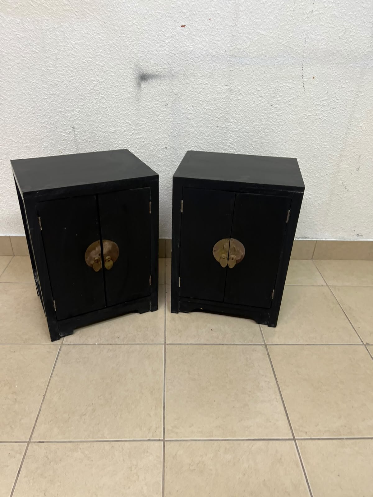 Two bedside cabinets featuring an Asian design or Oriental-inspired style, crafted from wood with a black finish and fitted with traditional round brass handles. - Image 3