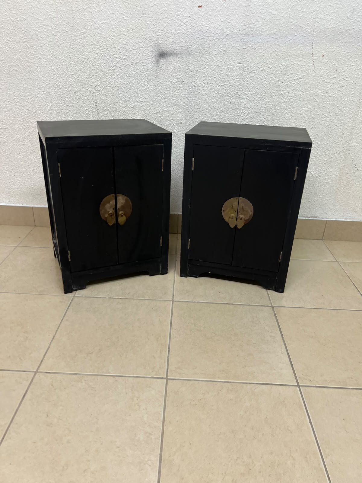Two bedside cabinets featuring an Asian design or Oriental-inspired style, crafted from wood with a black finish and fitted with traditional round brass handles. - Image 2