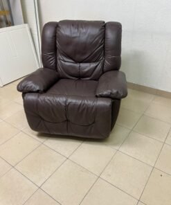 A brown faux leather single recliner featuring padded armrests and backrest, and a manual side handle for position control. - Image 11