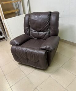 A brown faux leather single recliner featuring padded armrests and backrest, and a manual side handle for position control. - Image 7