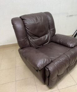 A brown faux leather single recliner featuring padded armrests and backrest, and a manual side handle for position control. - Image 4