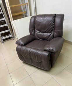 A brown faux leather single recliner featuring padded armrests and backrest, and a manual side handle for position control. - Image 12