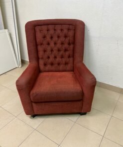 A classic-style armchair featuring a high, button-tufted backrest, upholstered in textured dark red fabric, and accented with metal nailhead trim along the edges. - Image 7