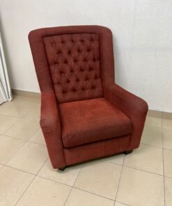 A classic-style armchair featuring a high, button-tufted backrest, upholstered in textured dark red fabric, and accented with metal nailhead trim along the edges. - Image 8