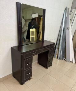 The image shows a brown wooden vanity table with an attached mirror and multiple drawers. - Image 4