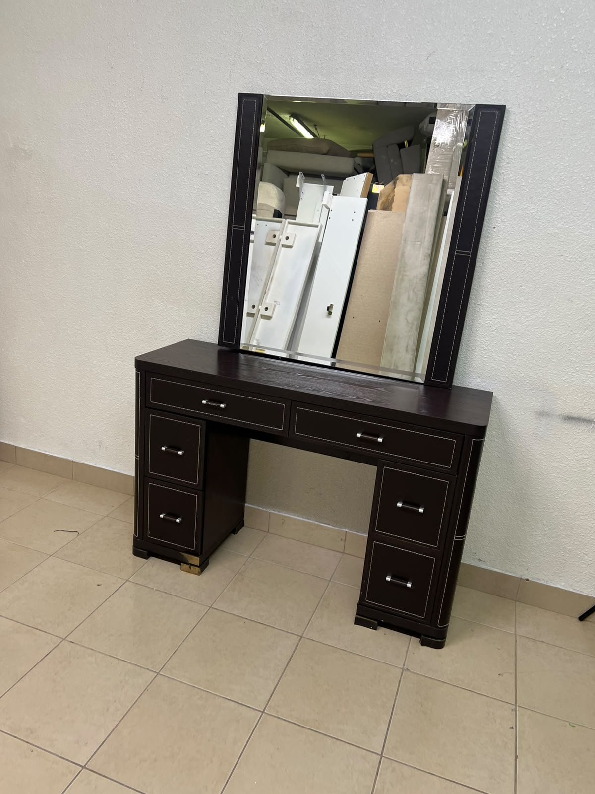 The image shows a brown wooden vanity table with an attached mirror and multiple drawers. - Image 5