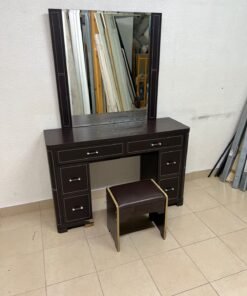 The image shows a brown wooden vanity table with an attached mirror and multiple drawers. - Image 15
