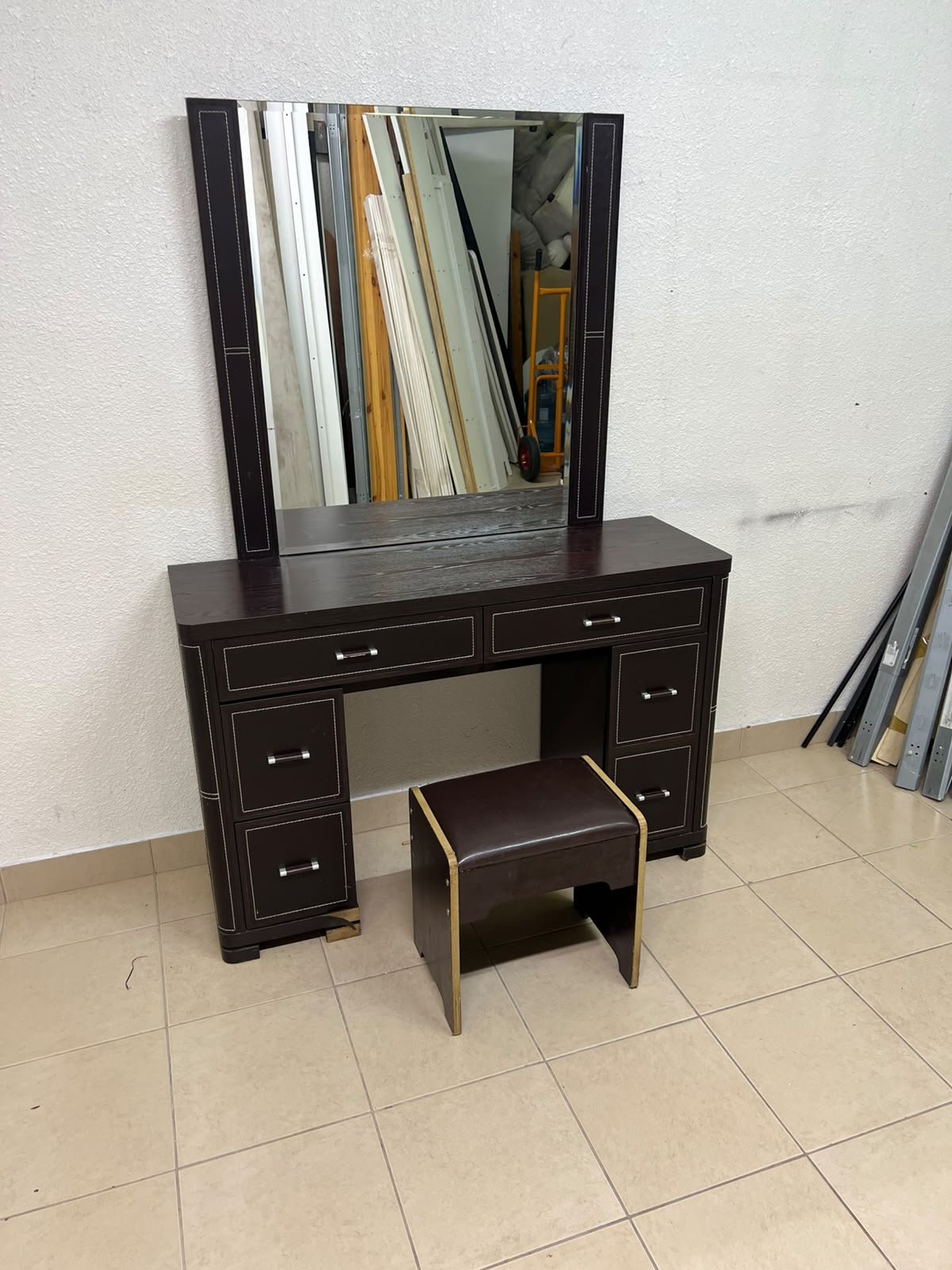 The image shows a brown wooden vanity table with an attached mirror and multiple drawers. - Image 15