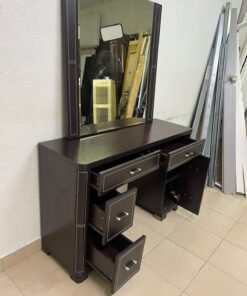 The image shows a brown wooden vanity table with an attached mirror and multiple drawers. - Image 14