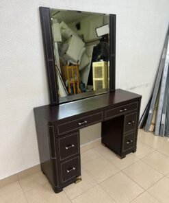 The image shows a brown wooden vanity table with an attached mirror and multiple drawers. - Image 13