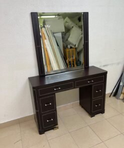 The image shows a brown wooden vanity table with an attached mirror and multiple drawers. - Image 11