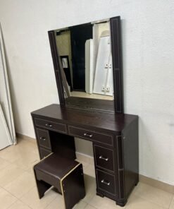 The image shows a brown wooden vanity table with an attached mirror and multiple drawers. - Image 10