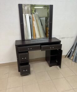 The image shows a brown wooden vanity table with an attached mirror and multiple drawers. - Image 9