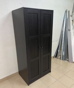 The RAKKESTAD two-door wardrobe from IKEA features a practical, simple design and measures approximately 79x176 cm; it comes in a black-brown finish. - Image 8