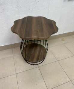 This modern two-tier side table features a wooden top with curved edges and a lower storage shelf enclosed by a black metal frame designed like a wire mesh cage. - Image 4