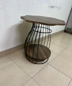 This modern two-tier side table features a wooden top with curved edges and a lower storage shelf enclosed by a black metal frame designed like a wire mesh cage. - Image 7