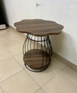 This modern two-tier side table features a wooden top with curved edges and a lower storage shelf enclosed by a black metal frame designed like a wire mesh cage. - Image 8
