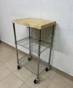 A multi-shelf kitchen cart made of chrome wire, featuring a light-colored wood top (butcher block style) and swivel casters. - Image 3