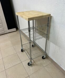 A multi-shelf kitchen cart made of chrome wire, featuring a light-colored wood top (butcher block style) and swivel casters. - Image 5