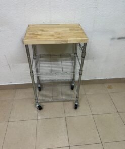 A multi-shelf kitchen cart made of chrome wire, featuring a light-colored wood top (butcher block style) and swivel casters. - Image 6