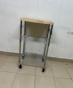 A multi-shelf kitchen cart made of chrome wire, featuring a light-colored wood top (butcher block style) and swivel casters. - Image 7