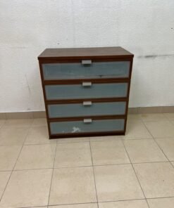 The IKEA HOPEN dark wood chest of drawers features four drawers with frosted glass fronts and silver-colored handles. - Image 2
