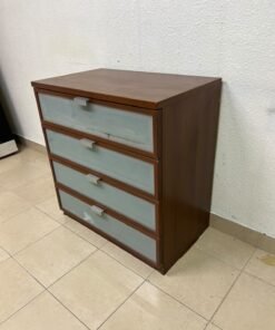 The IKEA HOPEN dark wood chest of drawers features four drawers with frosted glass fronts and silver-colored handles. - Image 4