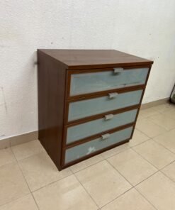 The IKEA HOPEN dark wood chest of drawers features four drawers with frosted glass fronts and silver-colored handles. - Image 6