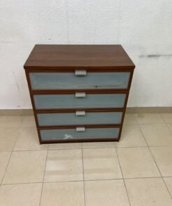 The IKEA HOPEN dark wood chest of drawers features four drawers with frosted glass fronts and silver-colored handles. - Image 8